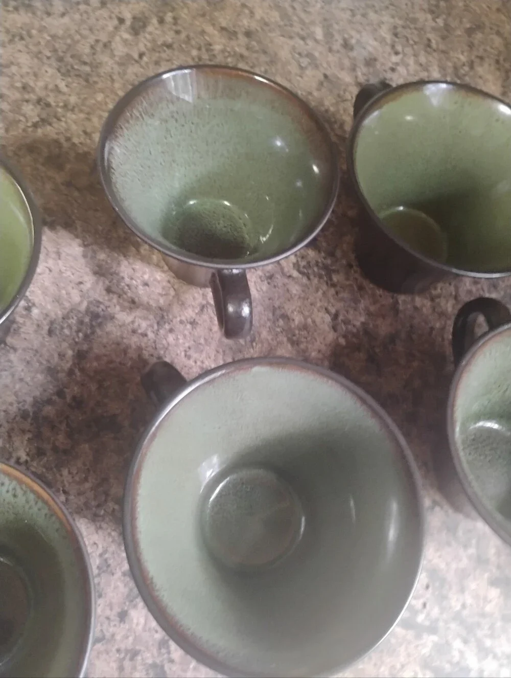 Set of 7 Vintage Gabbay by Gibson Fusion Wasabi Green & Brown Drip Glazed Mugs